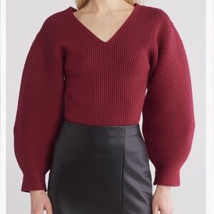 Vigoss Elegant Burgundy balloon sleeve rib knit Sweater
